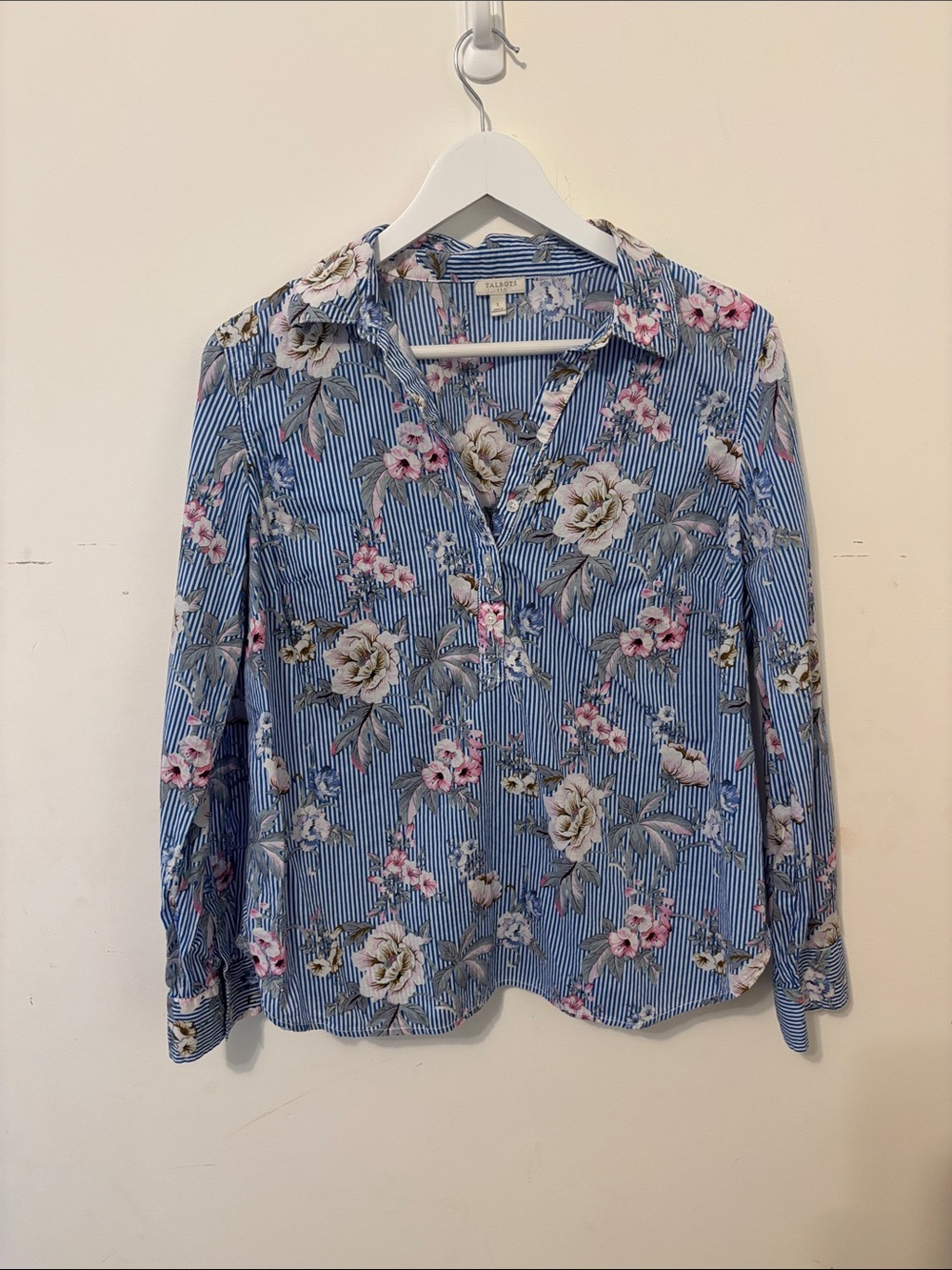Talbots Blue Striped Floral Button-Up Blouse